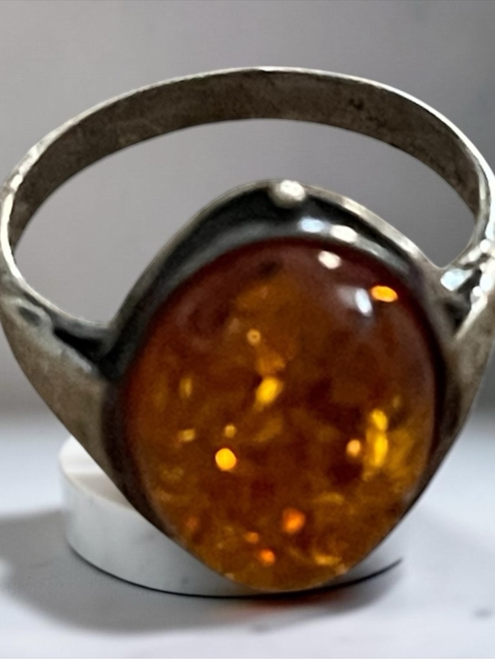 Sterling Silver Amber Cabochon Ring - Honey Amber